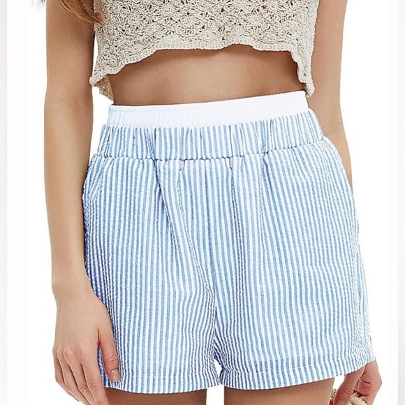 Exlura Blue and White Stripe High Waisted Boxer Shorts Size Small - Picture 7 of 10